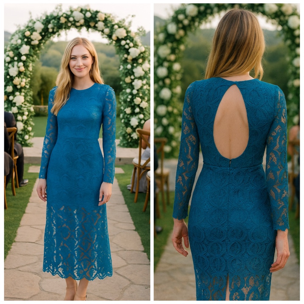 MAJE Teal Lace Long Sleeve Open Back Maxi Cocktail Dress Size S